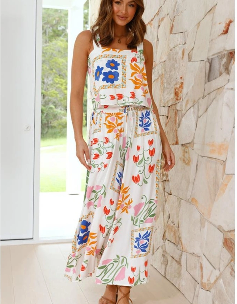 White Colorful Printed Square Neck Tank and Wide Leg Pants Set