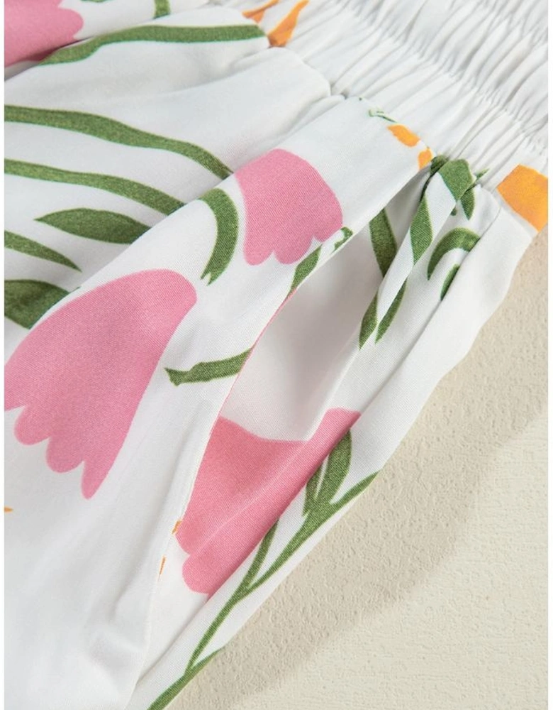 White Colorful Printed Square Neck Tank and Wide Leg Pants Set