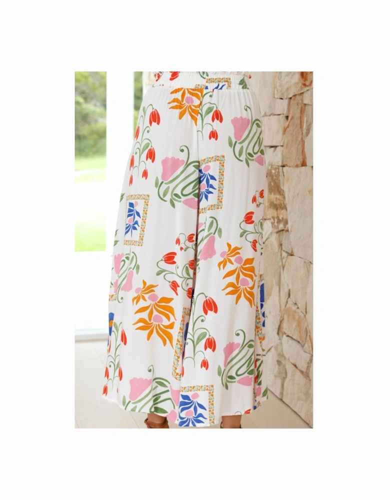White Colorful Printed Square Neck Tank and Wide Leg Pants Set