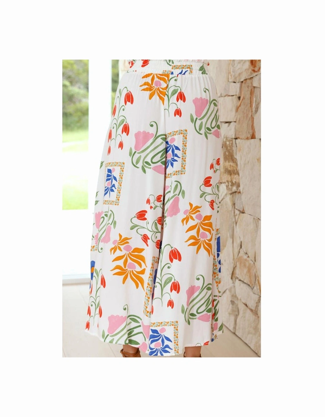 White Colorful Printed Square Neck Tank and Wide Leg Pants Set