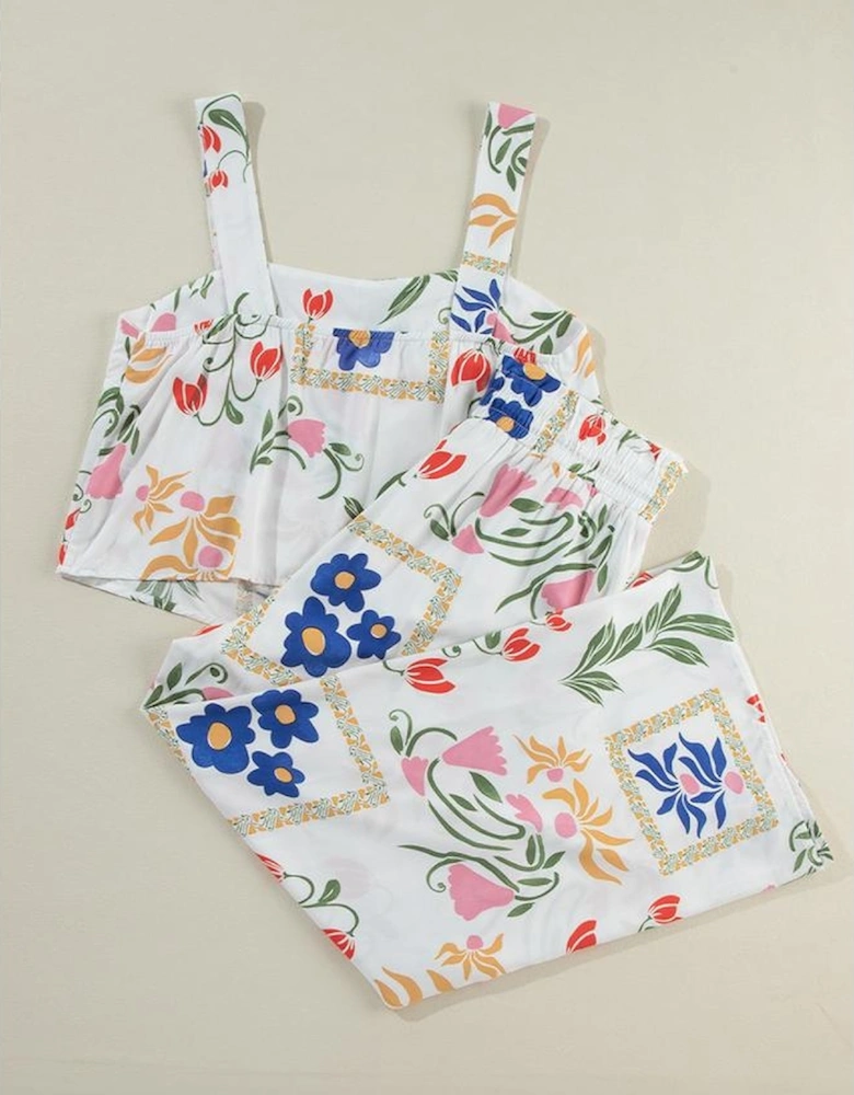 White Colorful Printed Square Neck Tank and Wide Leg Pants Set