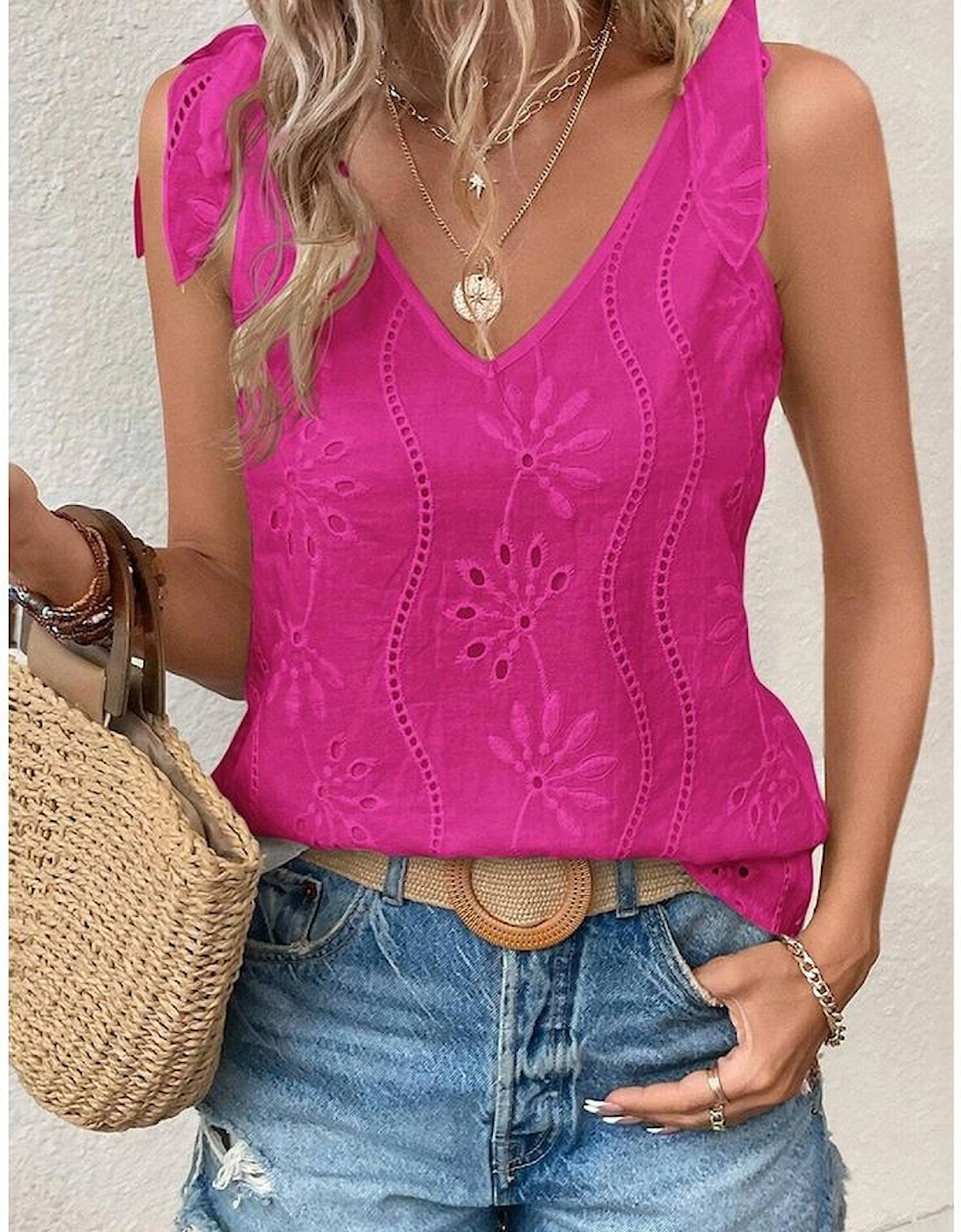 Rose Red Embroidery Patterned Knotted Straps V Neck Tank Top, 12 of 11