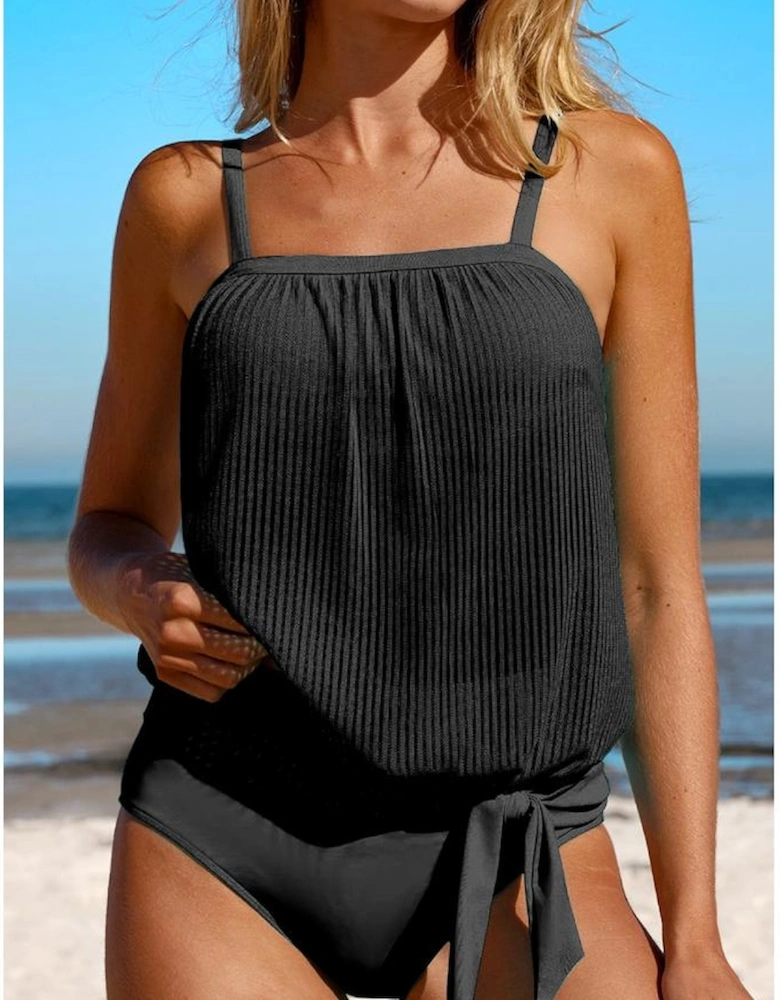 Black Striped Mesh Knotted Hem Tankini Swimsuit