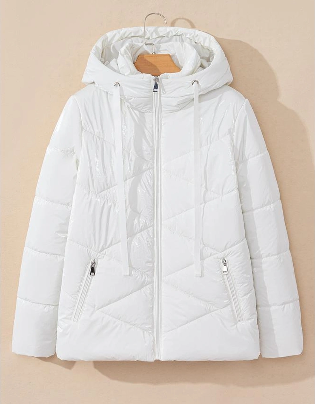 White Solid Quilted Hooded Zip Up Puffer Coat