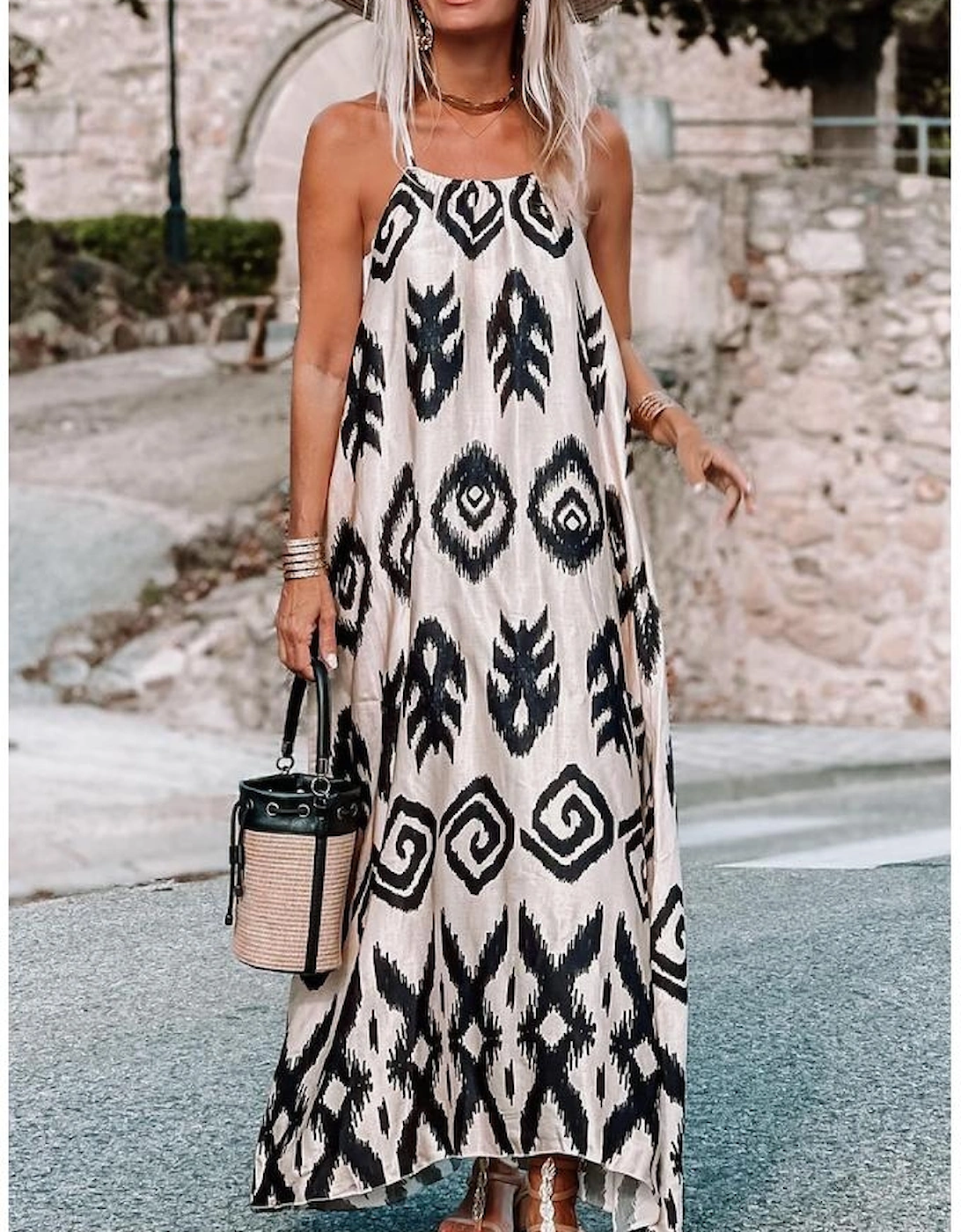 Black Western  Aztec Printed Fashion Vacation Sundress