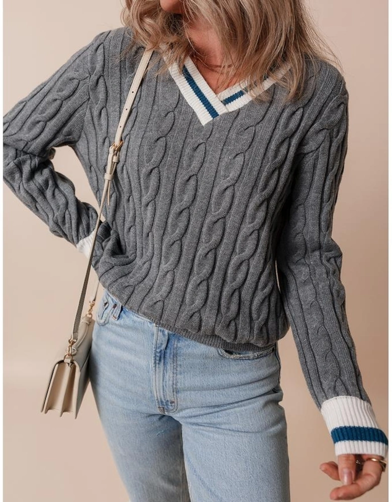 Medium Grey Color Contrast Ribbed Edge Cable Knit V Neck Sweater