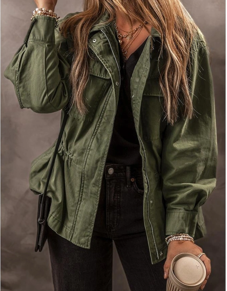 Moss Green Snap Button Zipper Tight Waist Collared Jacket