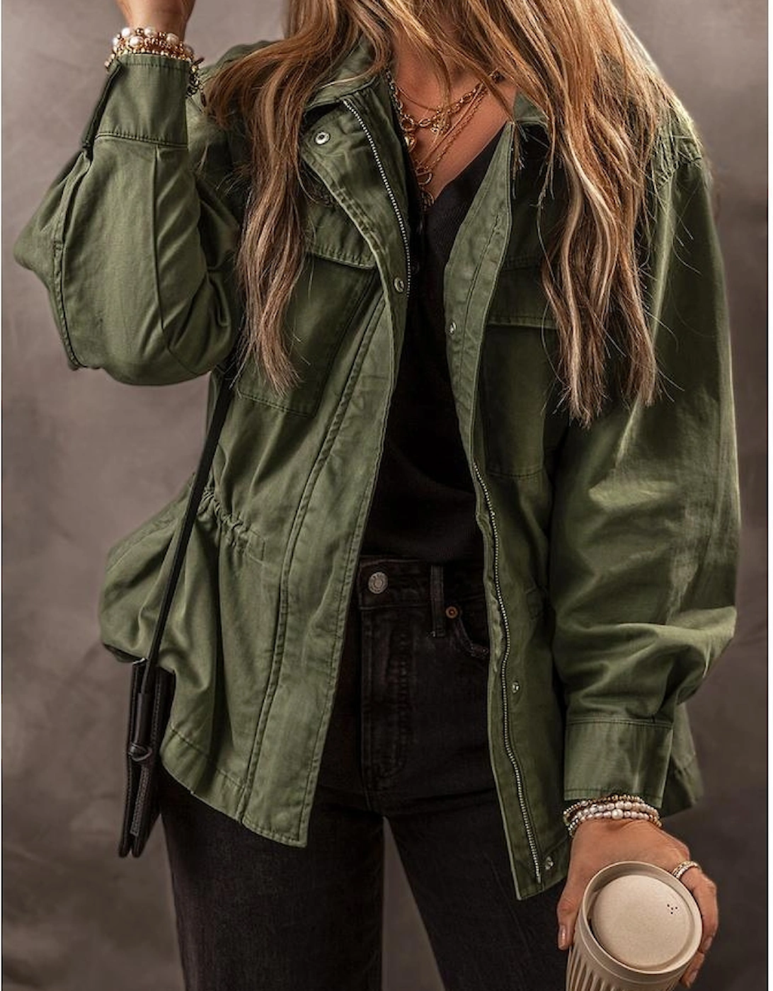 Moss Green Snap Button Zipper Tight Waist Collared Jacket