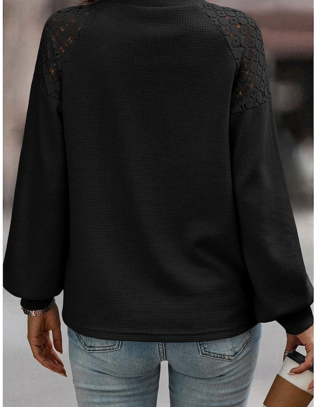 Black Lace Long Sleeve Textured Pullover