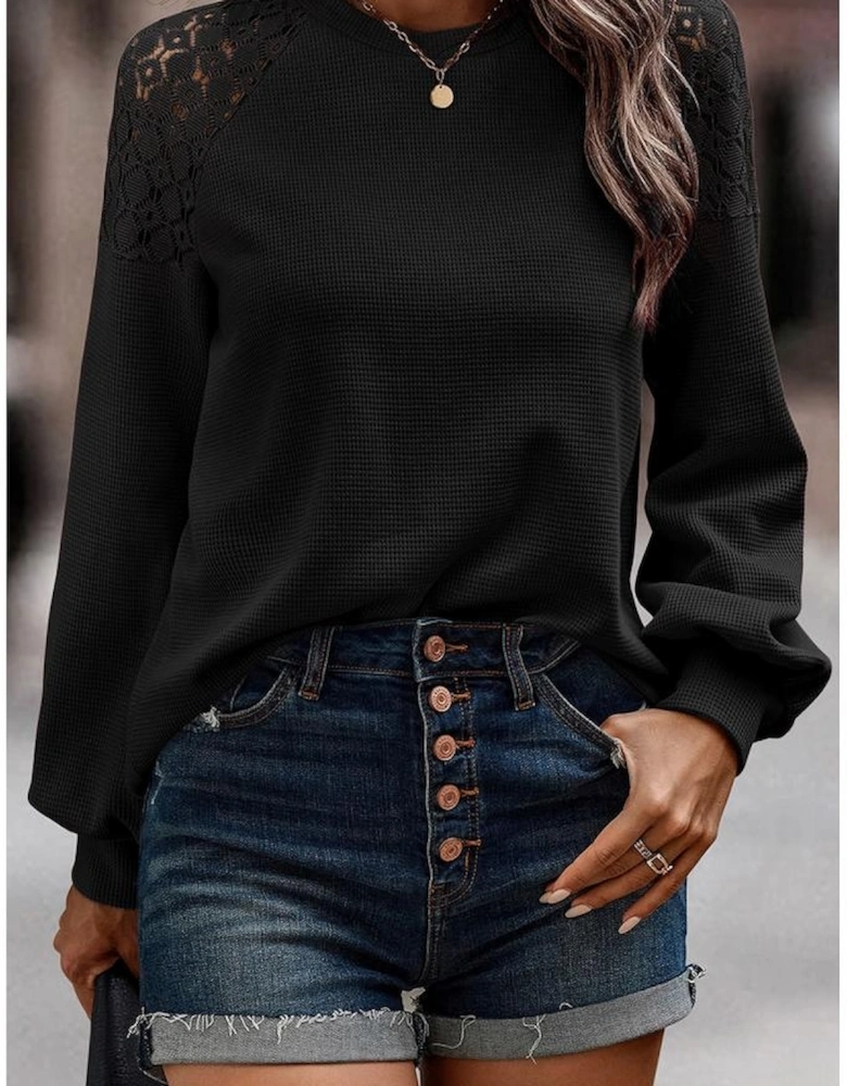 Black Lace Long Sleeve Textured Pullover