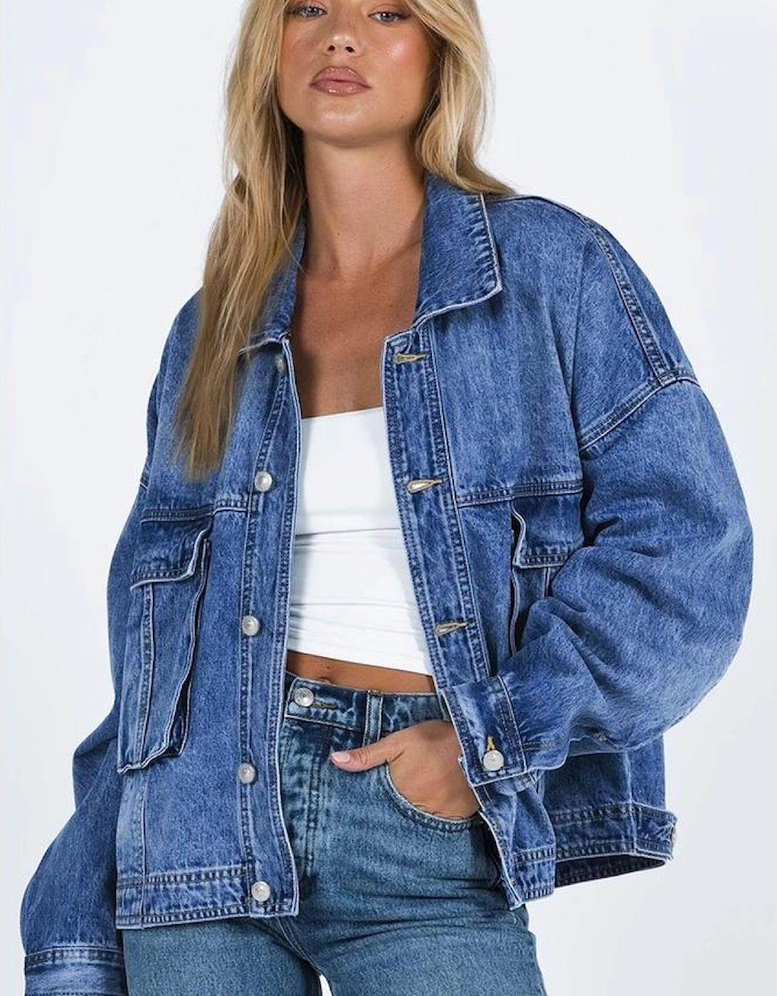Blue Chest Pockets Drop Shoulder Loose Denim Jacket