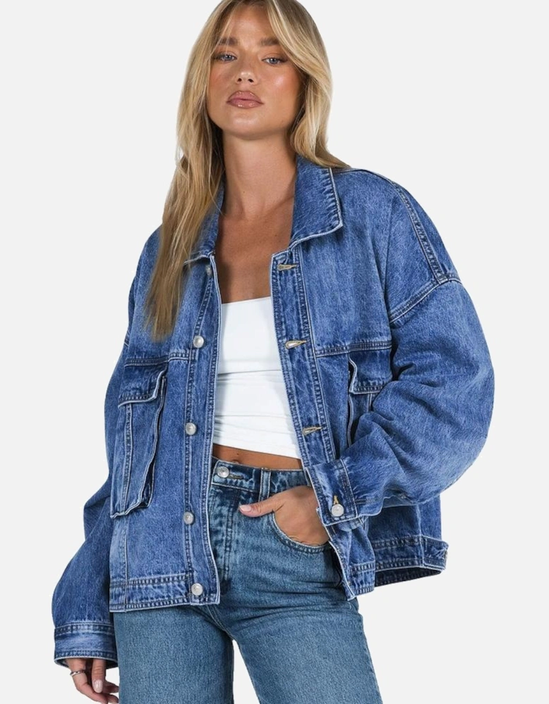 Blue Chest Pockets Drop Shoulder Loose Denim Jacket