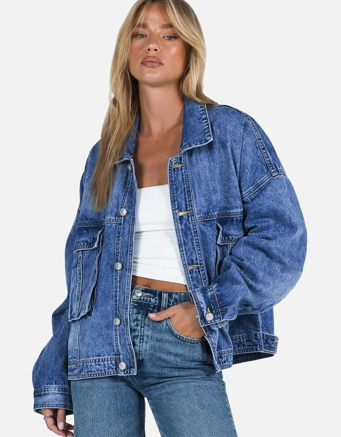 Blue Chest Pockets Drop Shoulder Loose Denim Jacket, 13 of 12