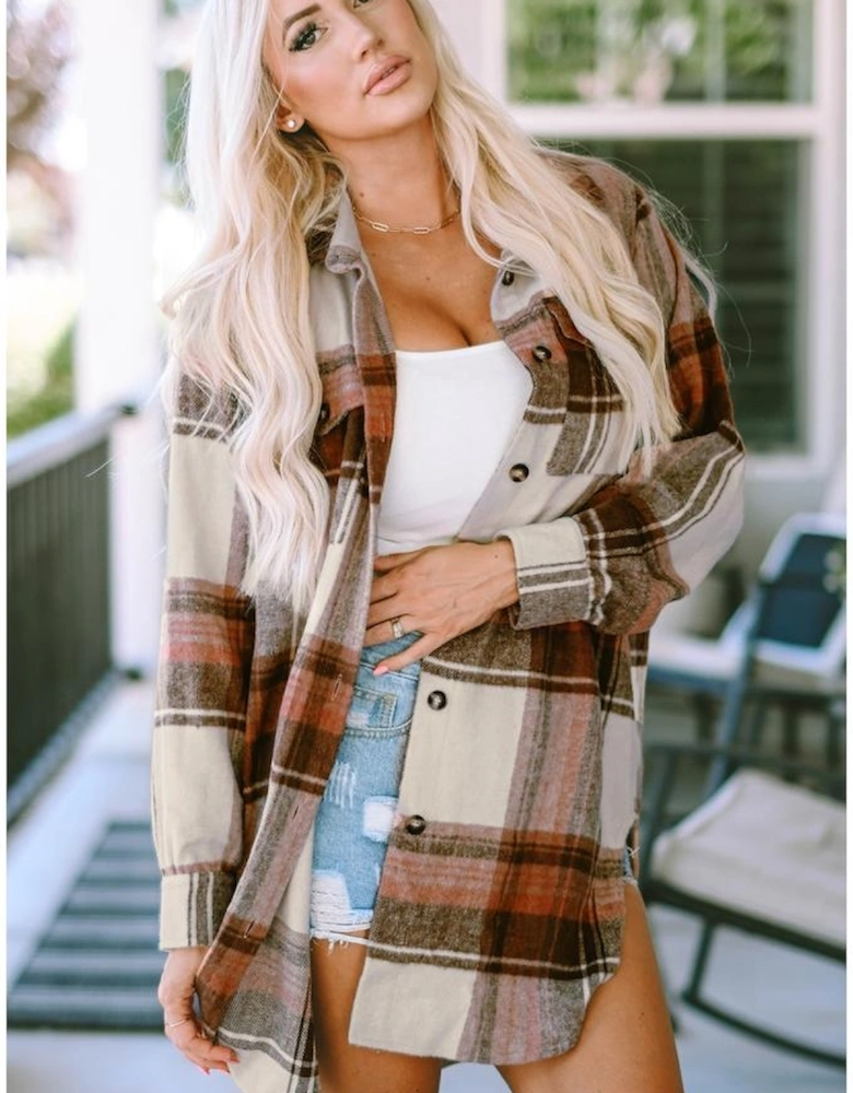 Brown Plaid Print Flap Pockets Long Shacket
