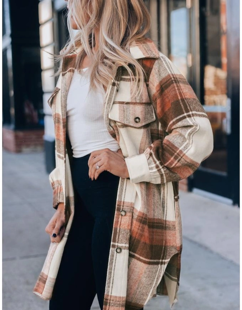 Brown Plaid Print Flap Pockets Long Shacket