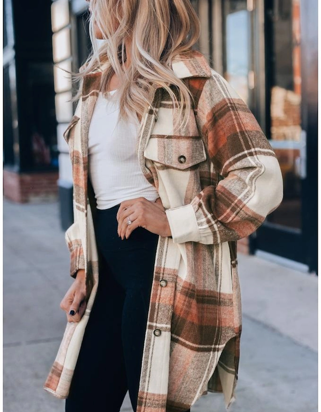 Brown Plaid Print Flap Pockets Long Shacket