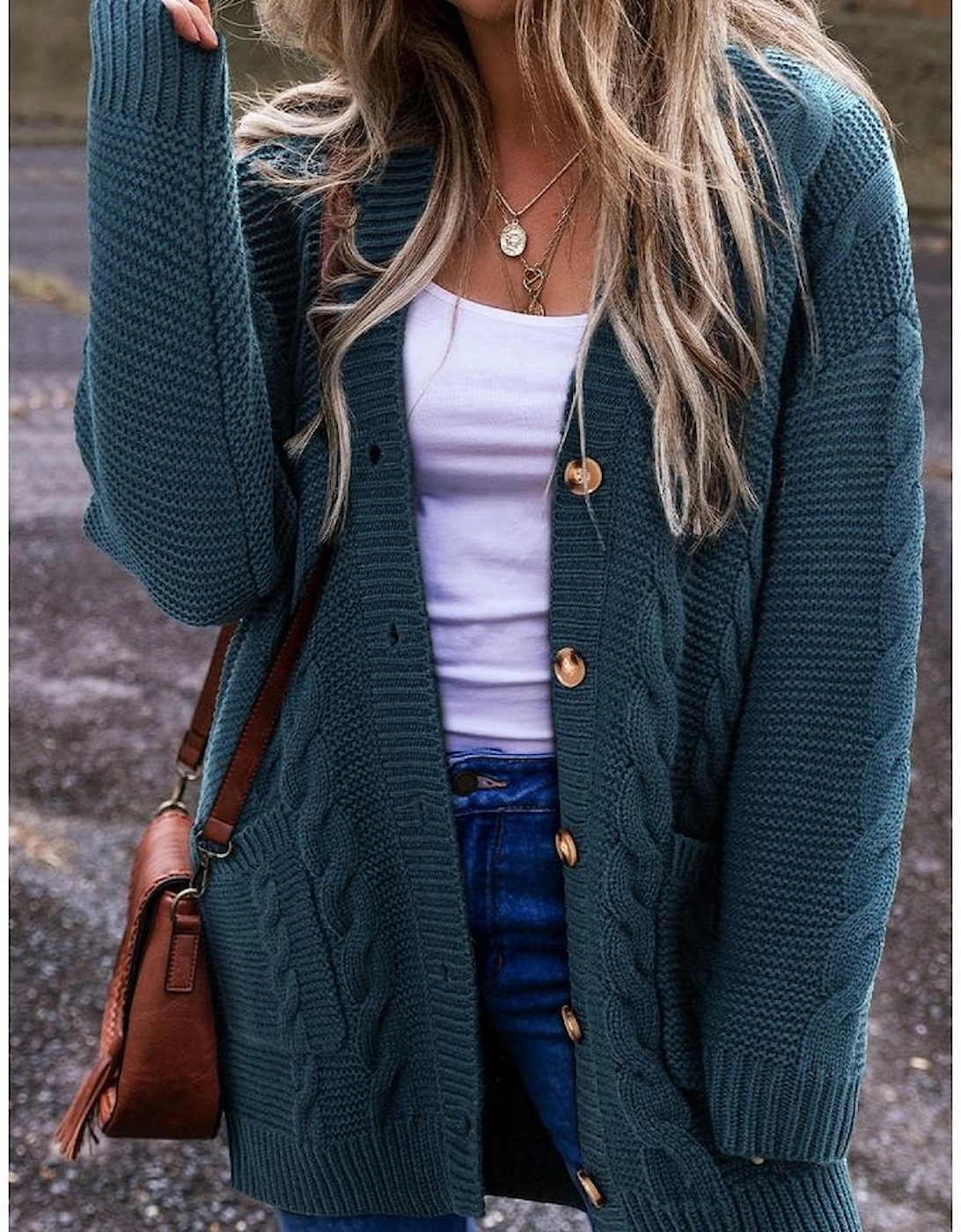 Peacock Blue Cable Knit Button Front Pocketed Baggy Cardigan