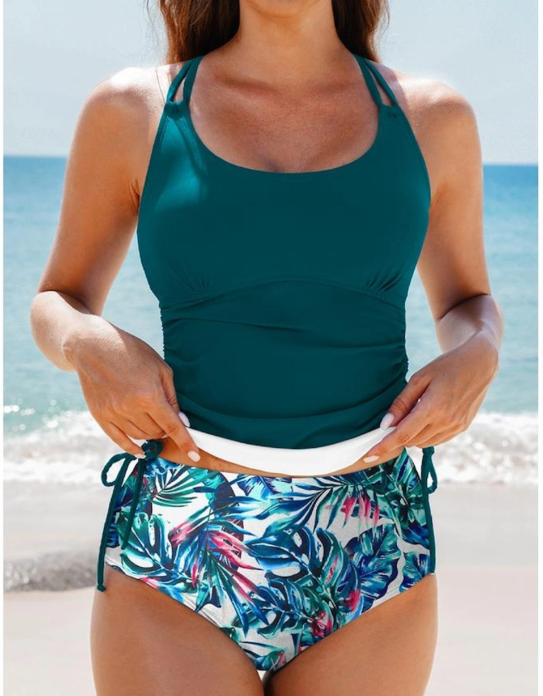 Sea Green Drawstring Tummy Control Mix-and-match 2pcs Tankini Swimsuit