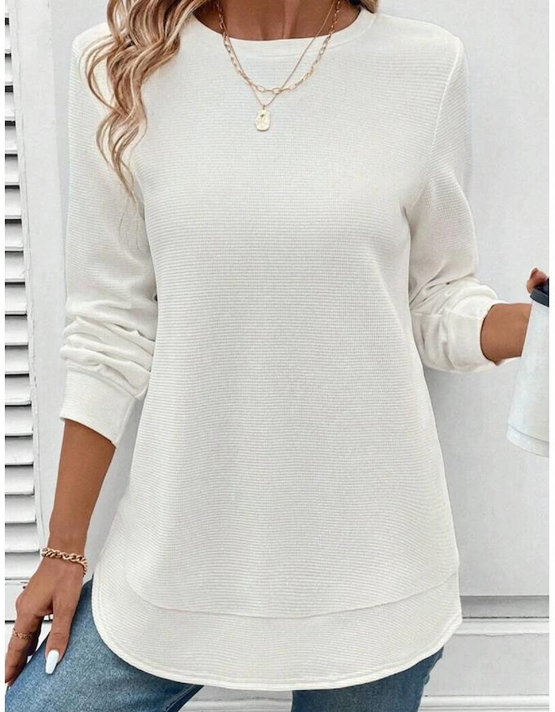 White Rounded Hem Waffle Long Sleeve Top