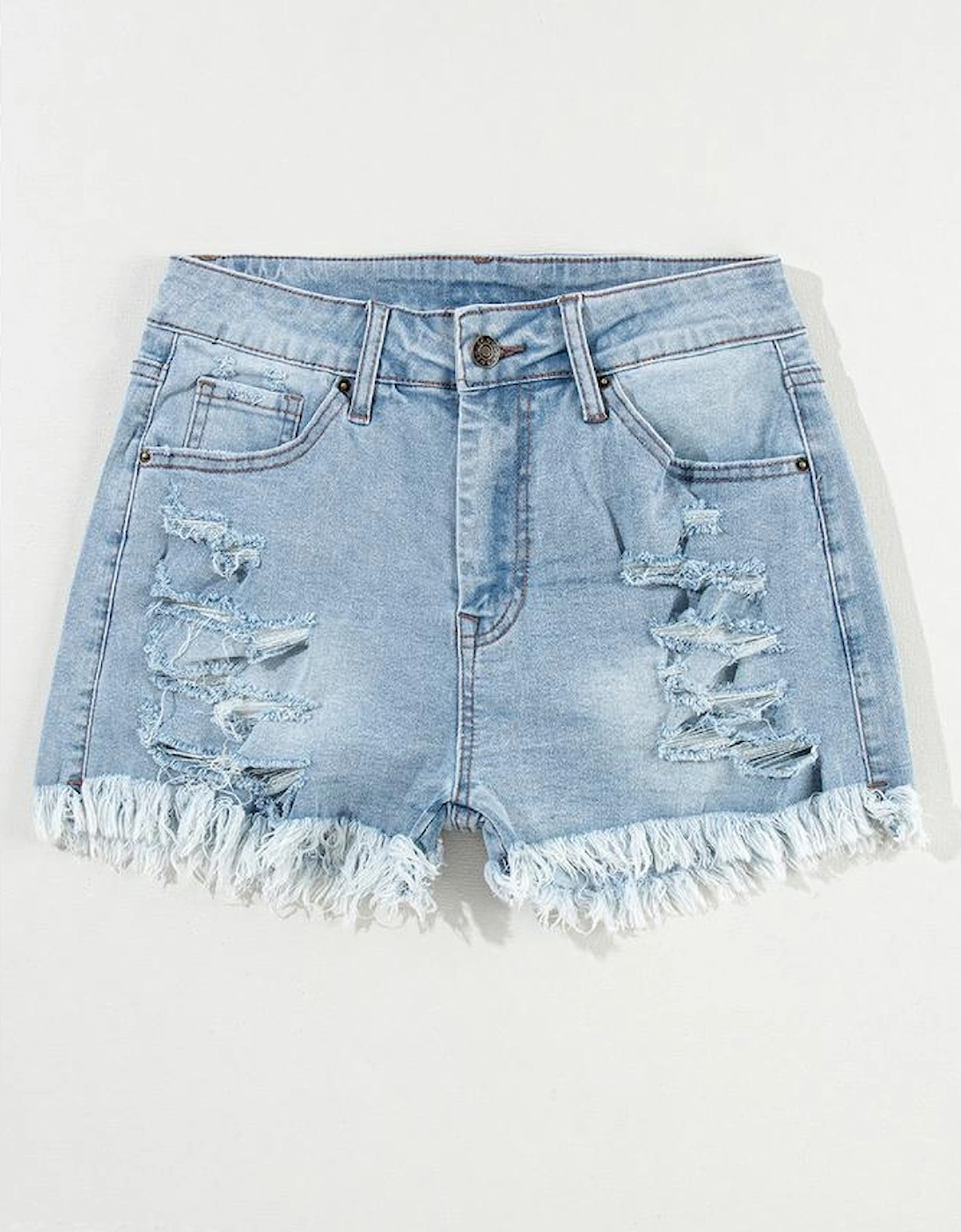 Light Blue Distressed Ripped Raw Hem High Waist Denim Shorts, 9 of 8