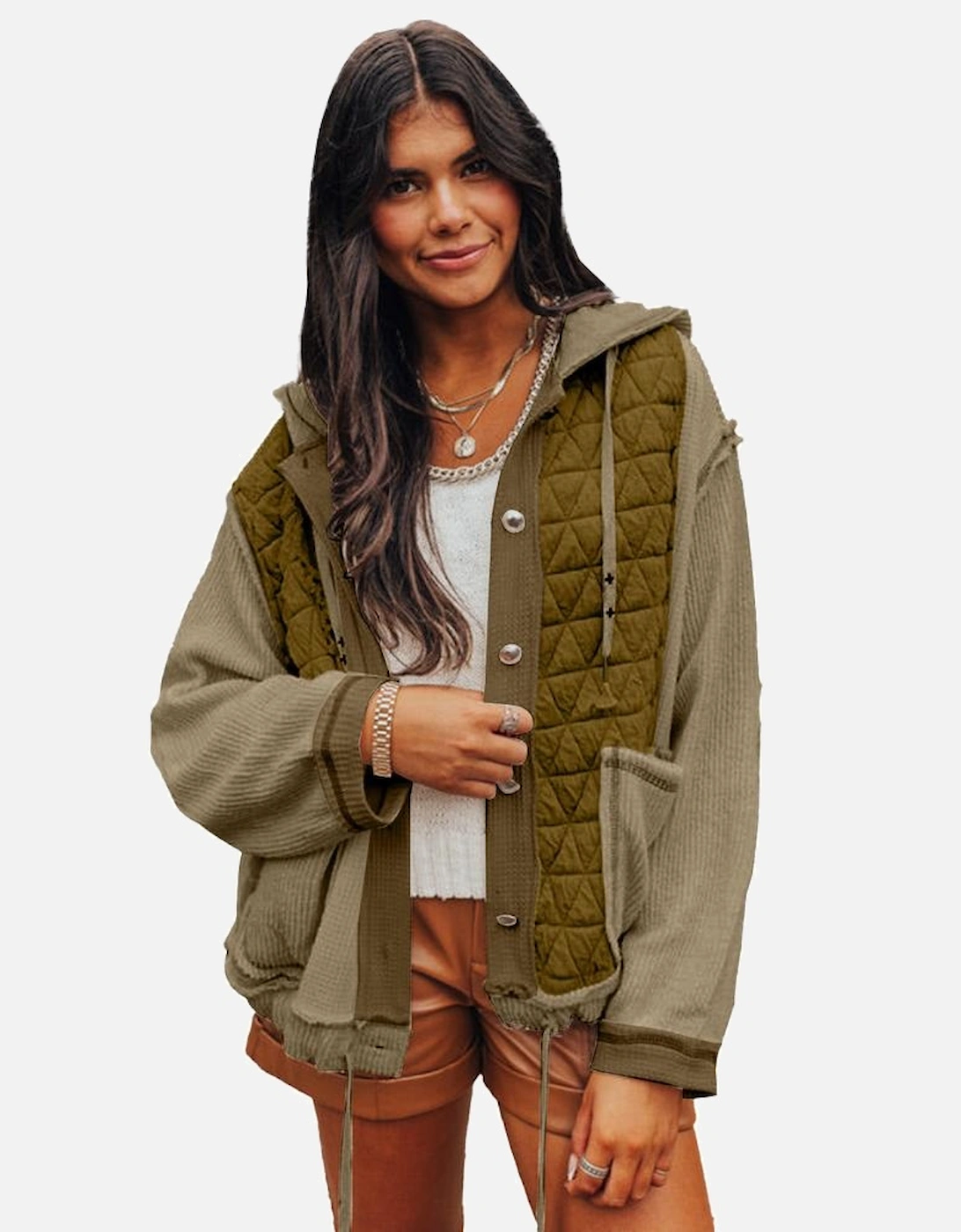 Jungle Green Quilted Textured Patchwork Loose Fit Hooded Jacket