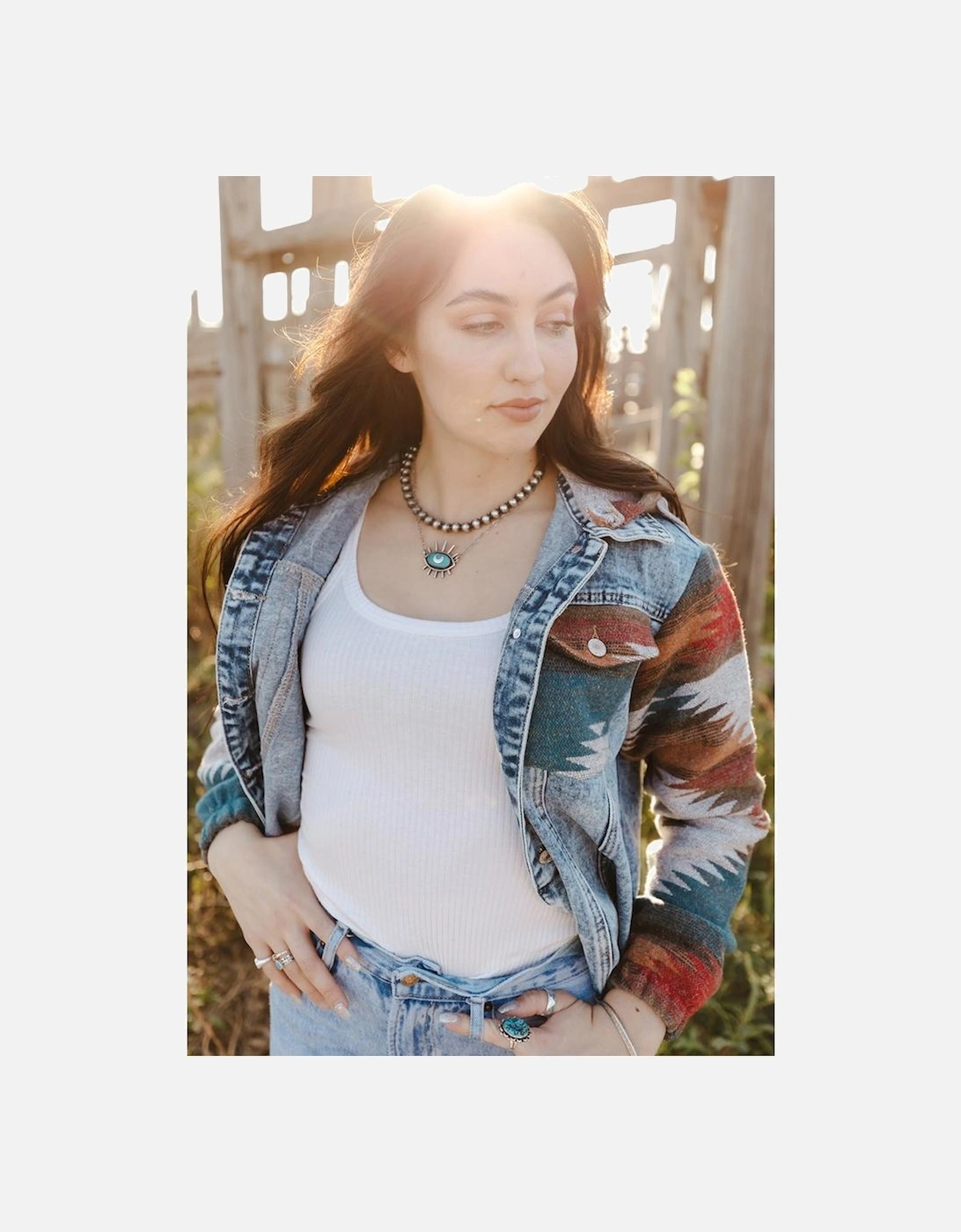 Multicolor Aztec Print Frayed Hem Denim Jacket