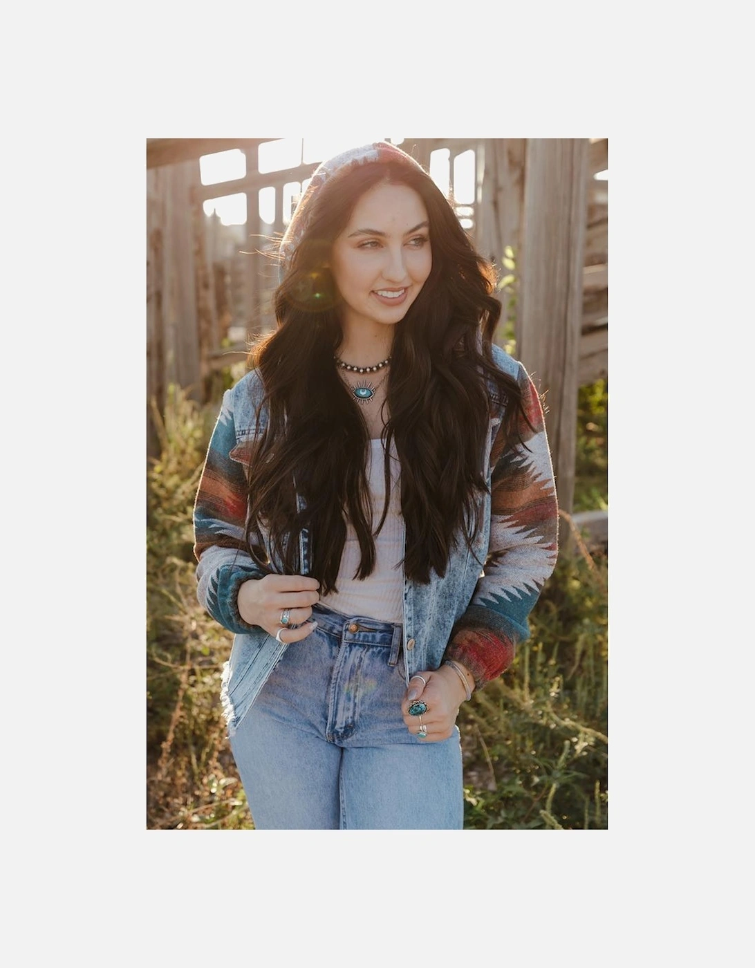 Multicolor Aztec Print Frayed Hem Denim Jacket