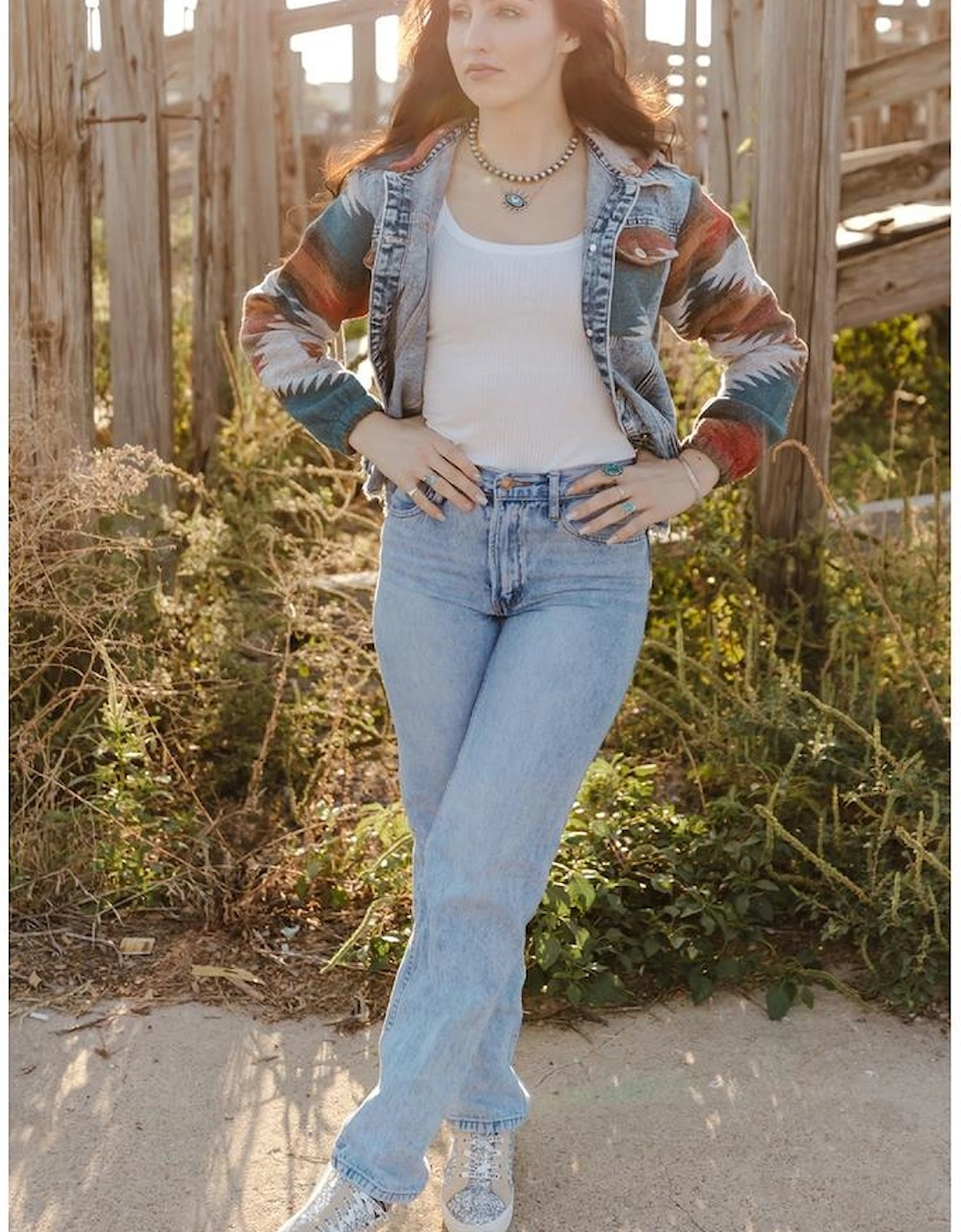 Multicolor Aztec Print Frayed Hem Denim Jacket