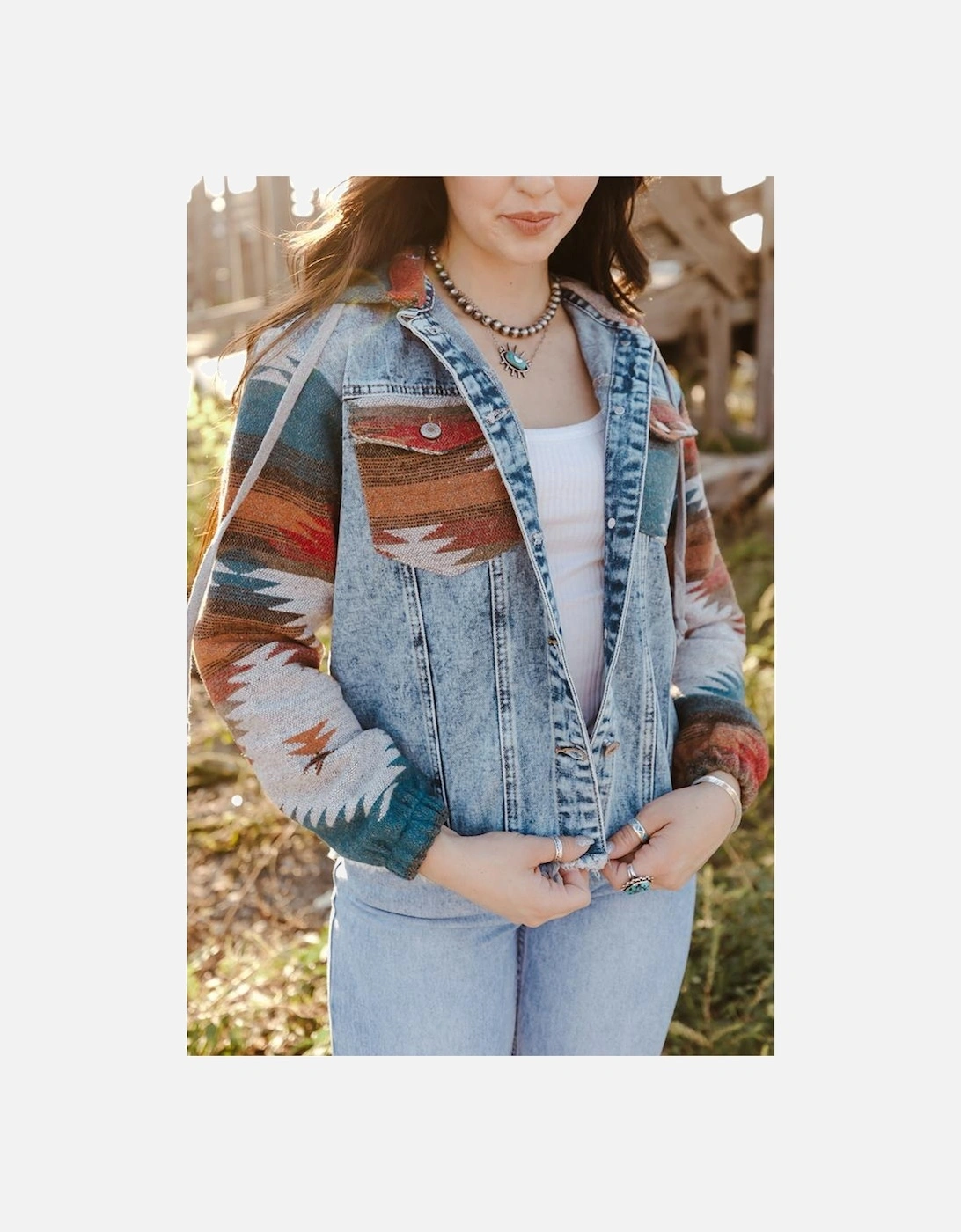 Multicolor Aztec Print Frayed Hem Denim Jacket