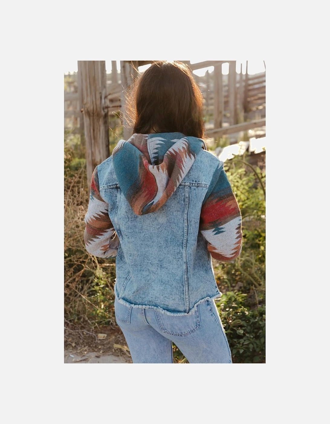 Multicolor Aztec Print Frayed Hem Denim Jacket