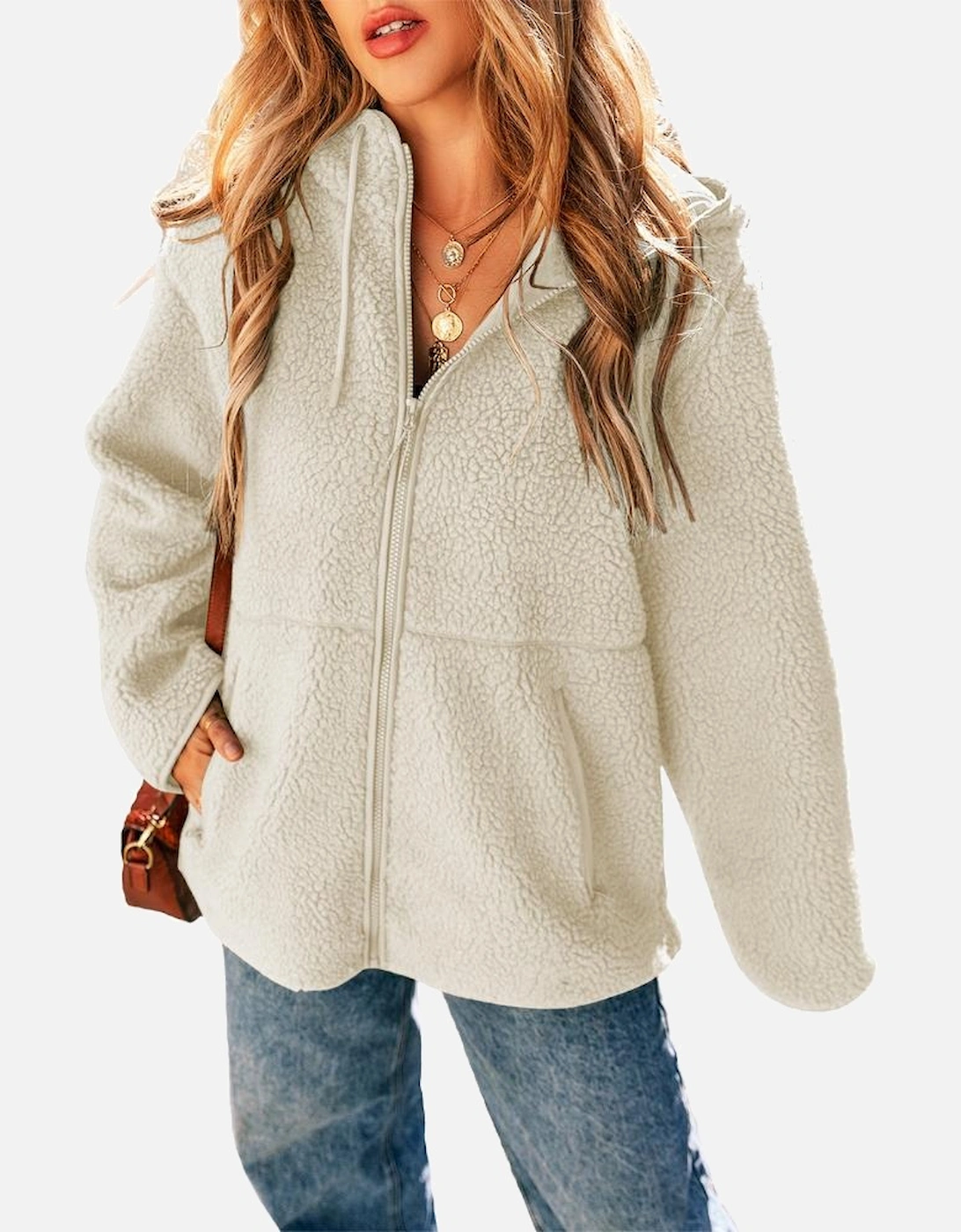 Beige Fleece Zip Up Drawstring Hooded Pocketed Jacket