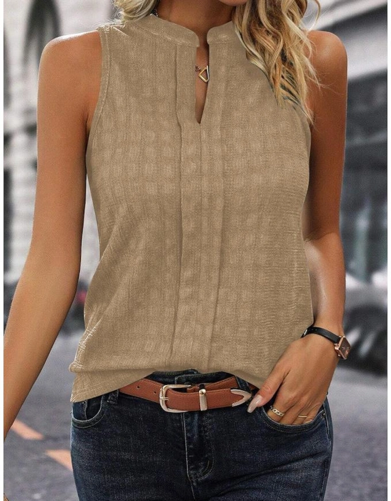 Light French Beige Lattice Textured Split Neck Tank Top