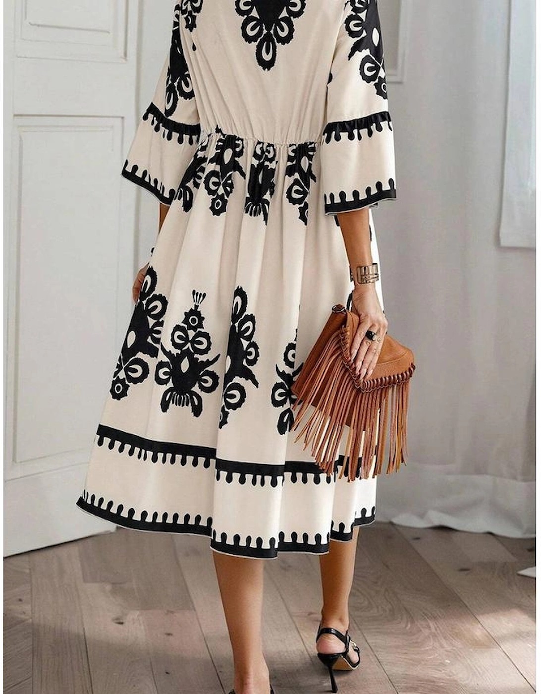 Beige Western Geometric Print 3/4 Sleeve Loose Midi Dress, 13 of 12