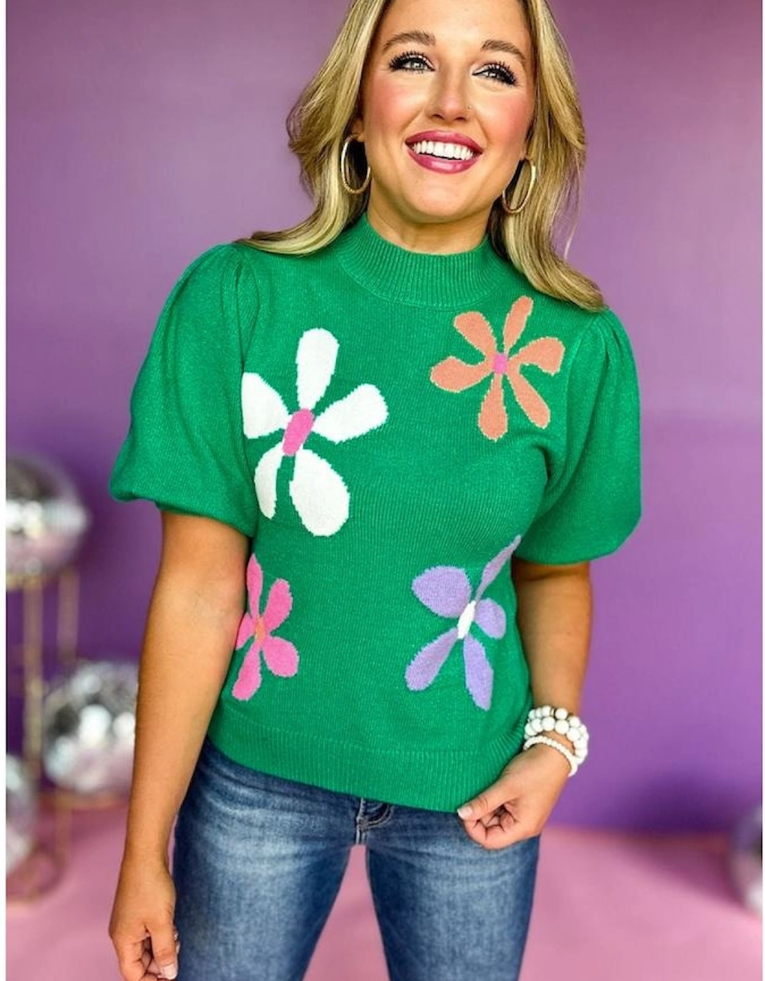 Bright Green Floral Bubble Short Sleeve Sweater