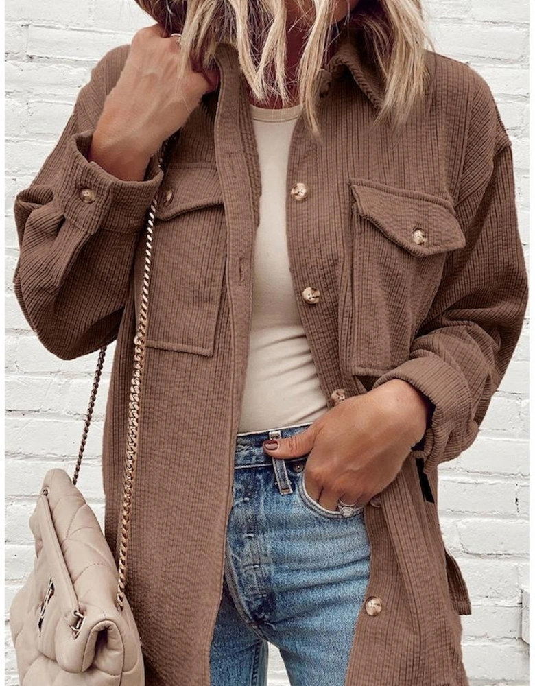 Chestnut Corduroy Flap Pocket Button Up Shacket