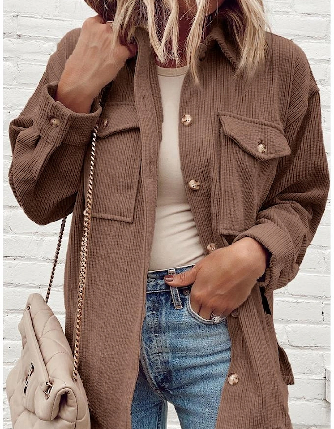 Chestnut Corduroy Flap Pocket Button Up Shacket