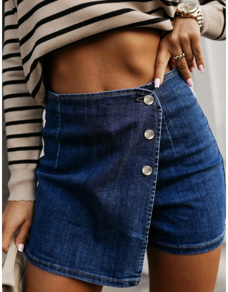 Bluing Asymmetric Wrapped Buttoned High Waist Denim Shorts