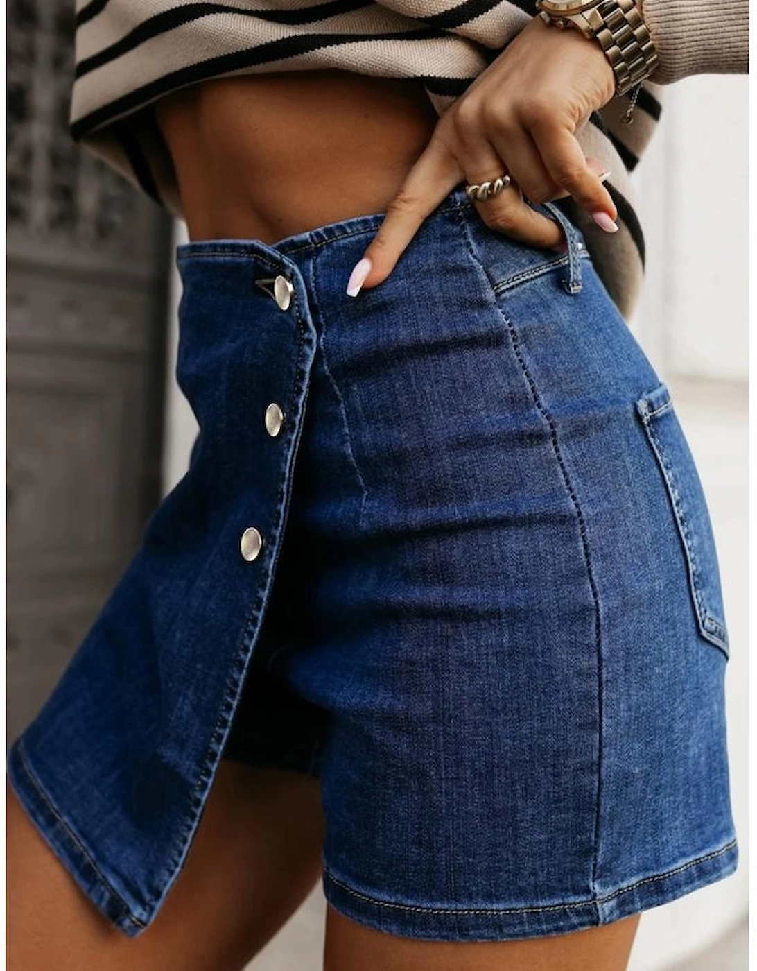 Bluing Asymmetric Wrapped Buttoned High Waist Denim Shorts