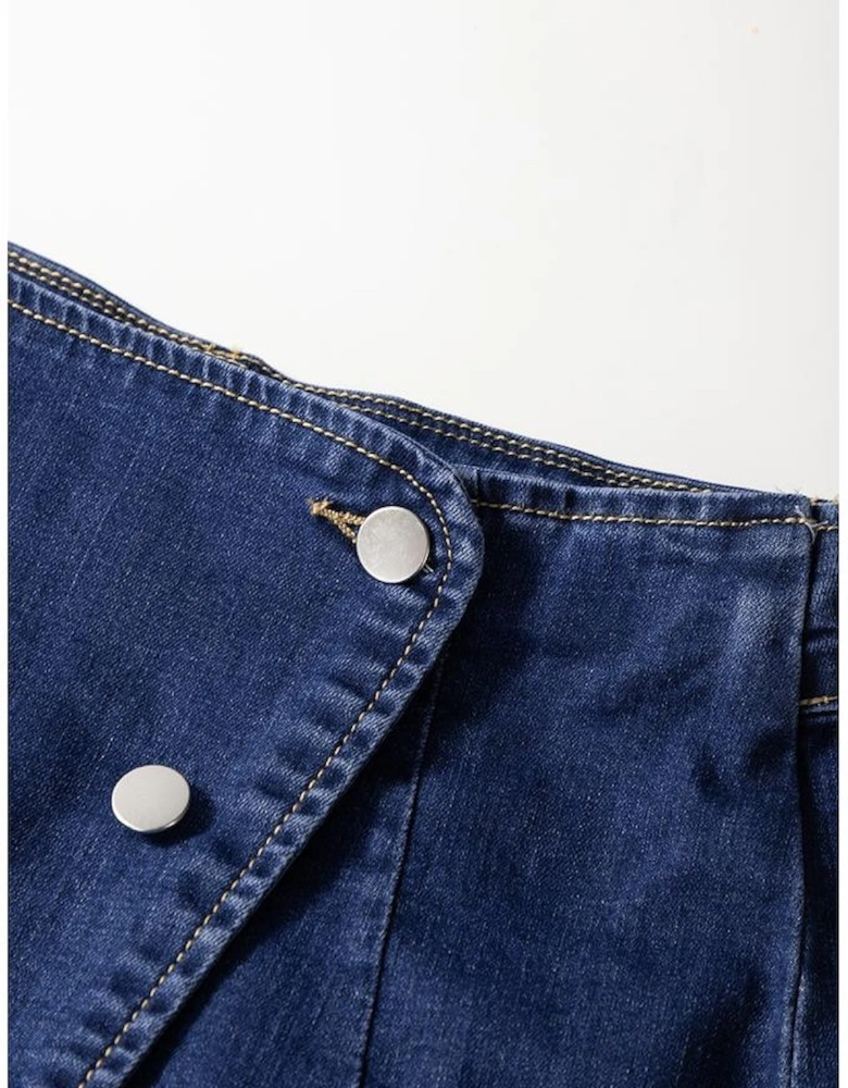 Bluing Asymmetric Wrapped Buttoned High Waist Denim Shorts