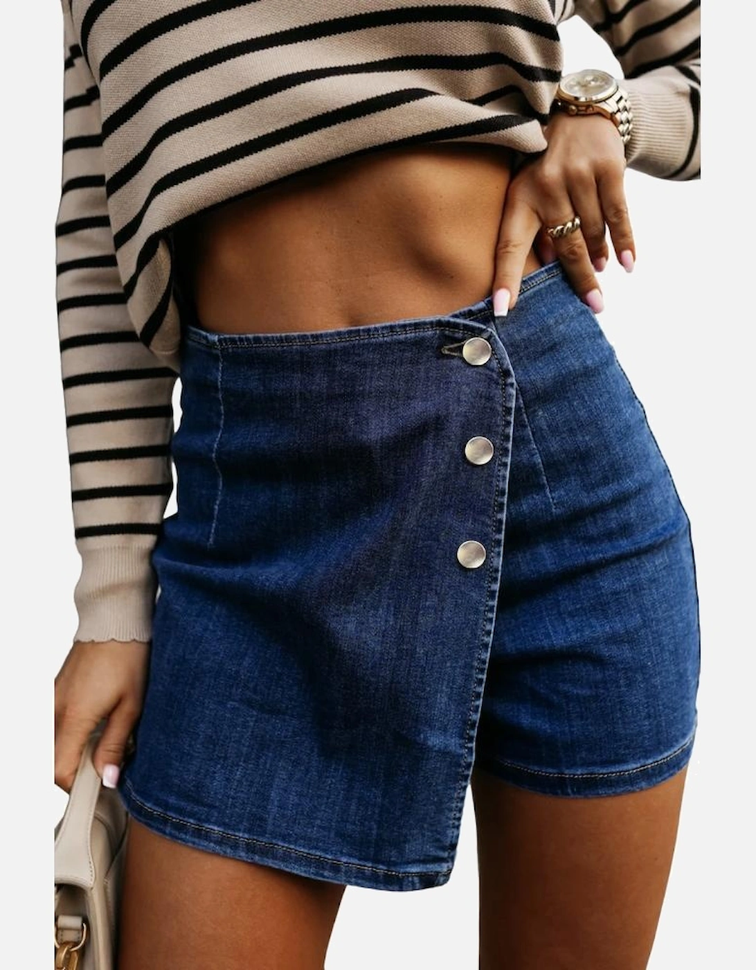 Bluing Asymmetric Wrapped Buttoned High Waist Denim Shorts, 10 of 9