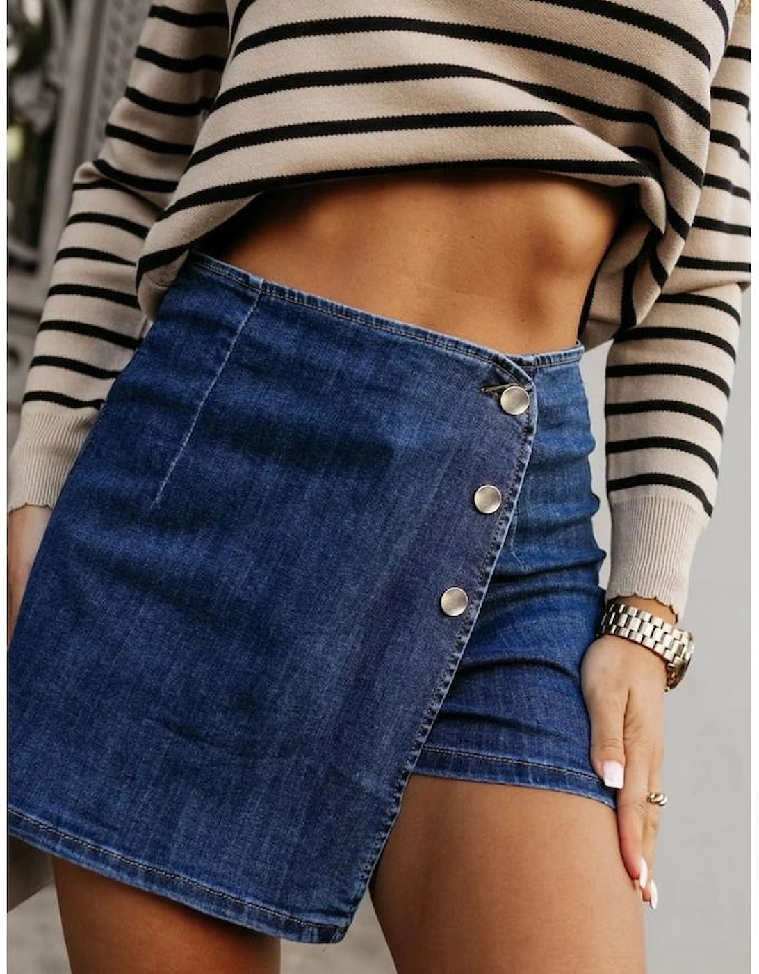 Bluing Asymmetric Wrapped Buttoned High Waist Denim Shorts