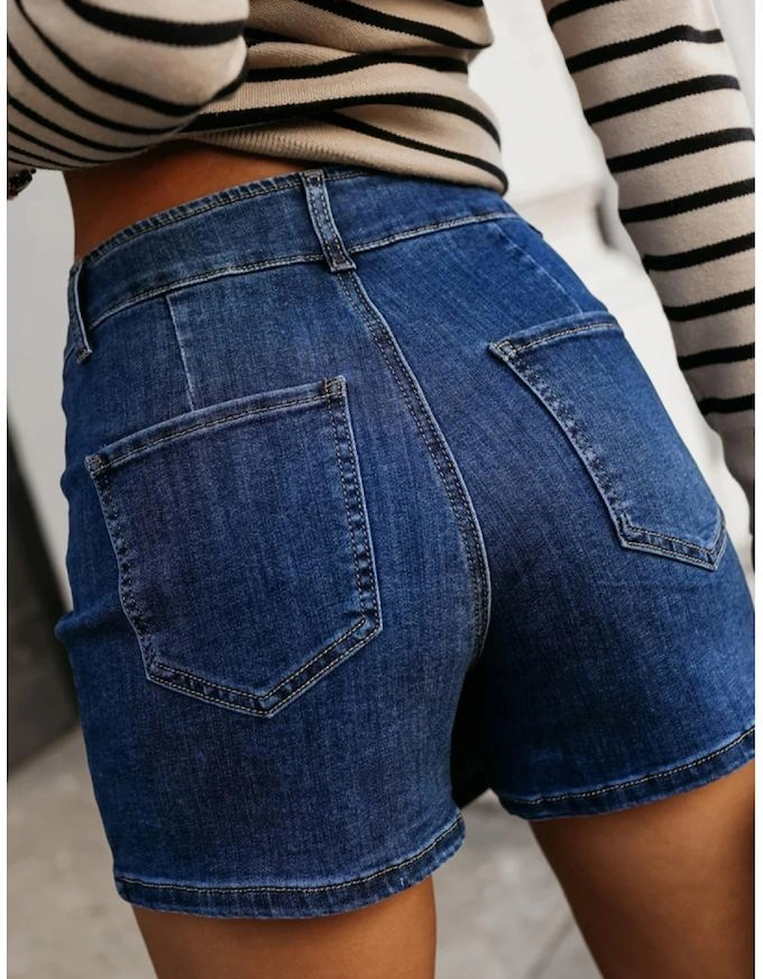 Bluing Asymmetric Wrapped Buttoned High Waist Denim Shorts