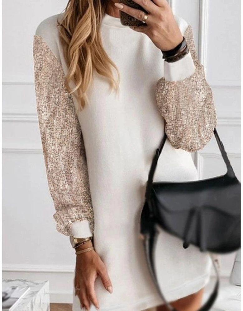 White Sequin Puff Sleeve Shift Mini Dress