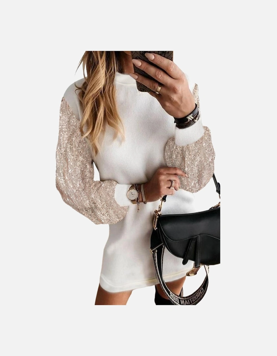 White Sequin Puff Sleeve Shift Mini Dress