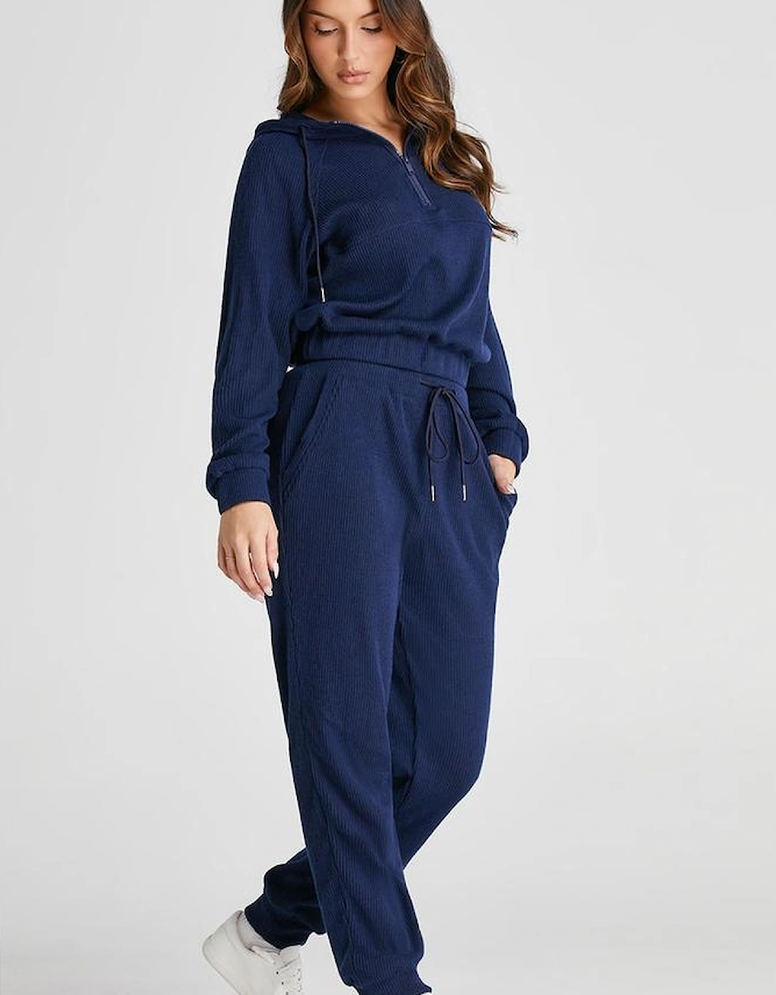 Navy Blue Ribbed Knit Cropped Hoodie and Drawstring Joggers Set, 16 of 15