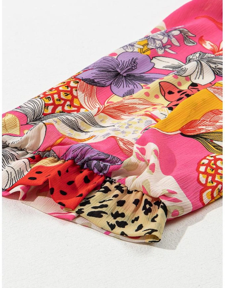 Red Abstract Floral Print Buttoned Ruffled Bubble Sleeve Shirt