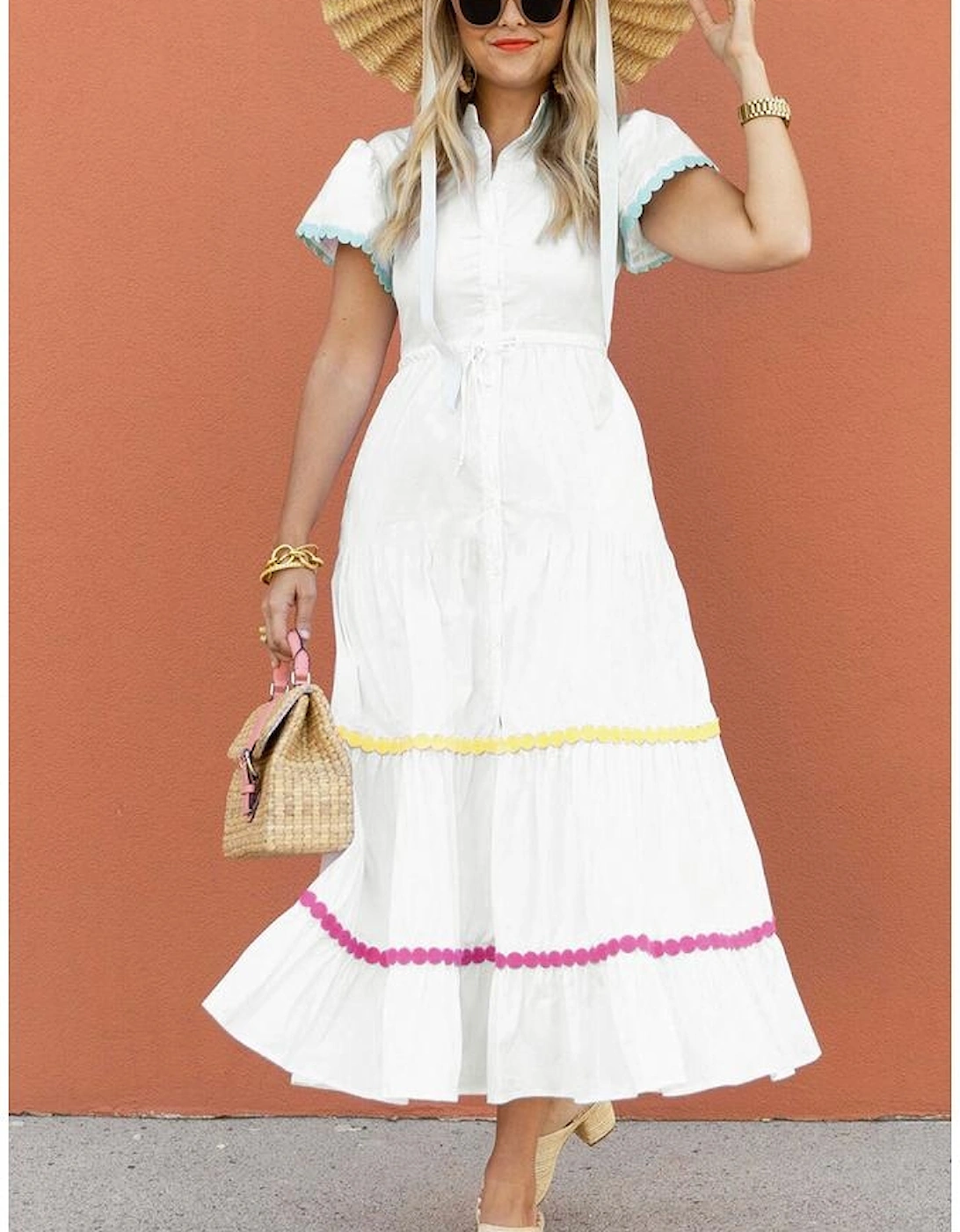 White Colorblock Rickrack Trim Short Sleeve Drawstring Waist Long Dress, 9 of 8