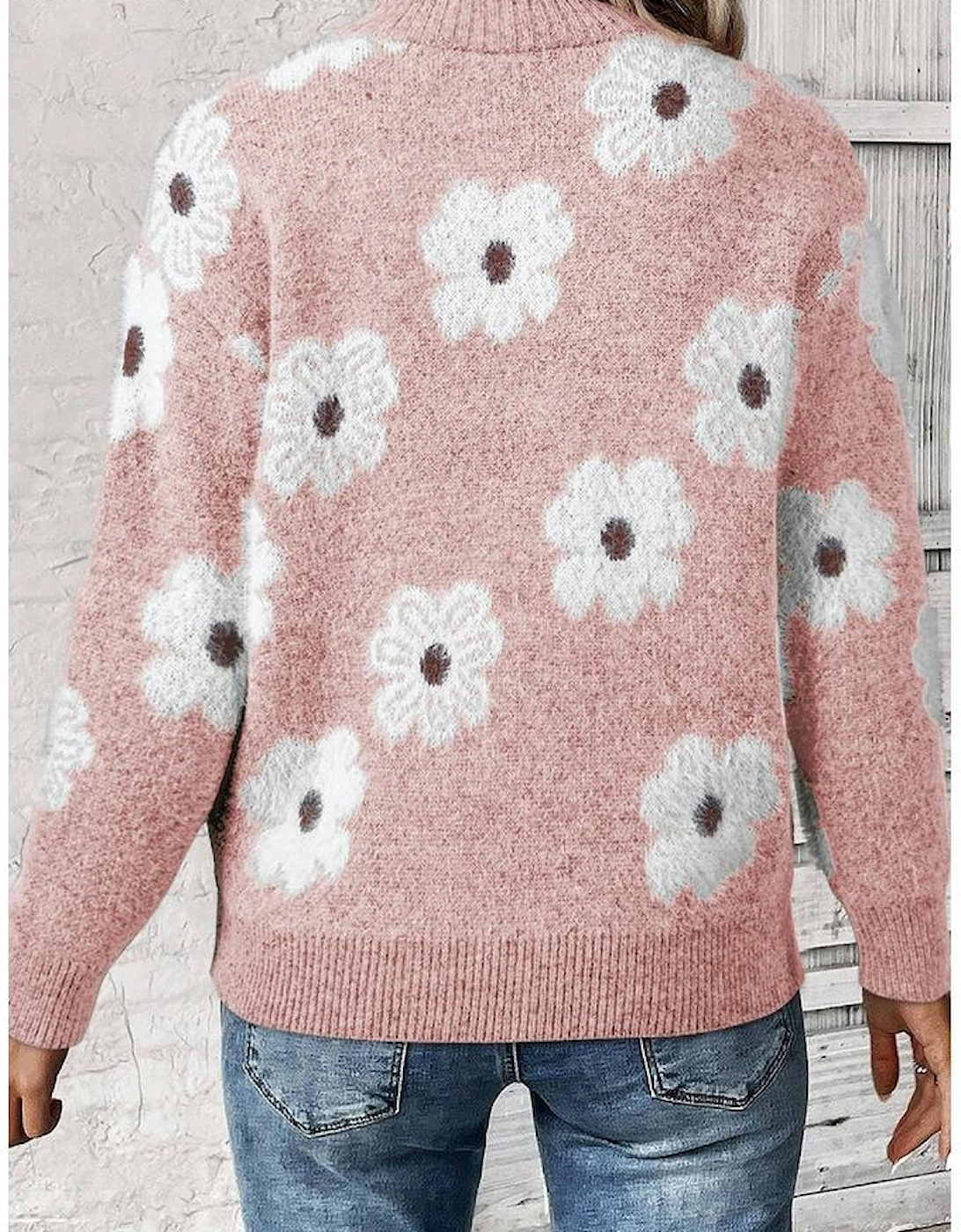 Pink Floral Pattern Half Zip Drop Shoulder Sweater