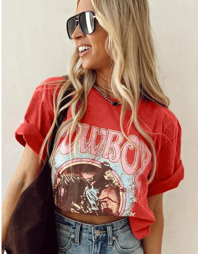 Tomato Red COWBOY Take Me Away Graphic Western Loose Tee