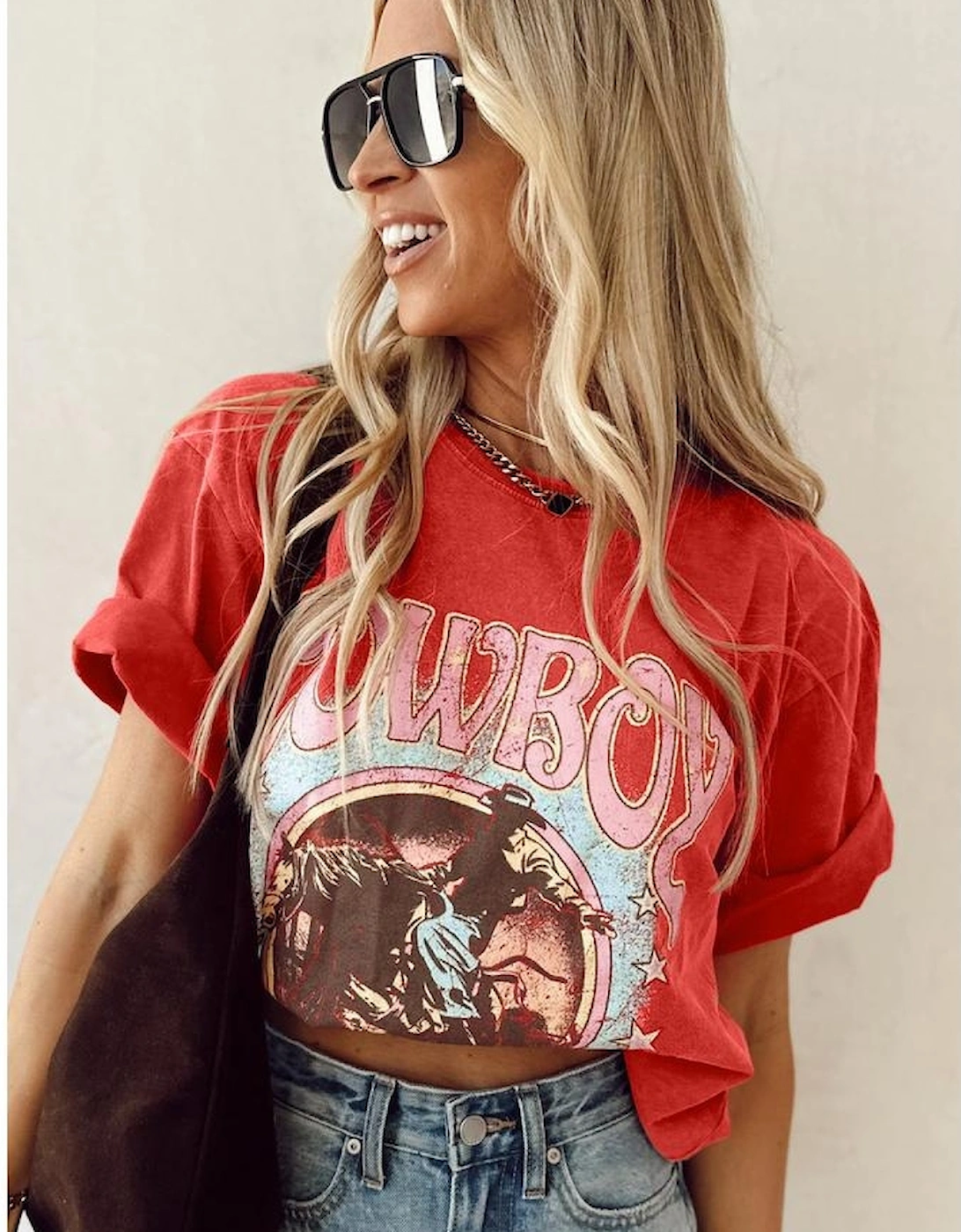 Tomato Red COWBOY Take Me Away Graphic Western Loose Tee